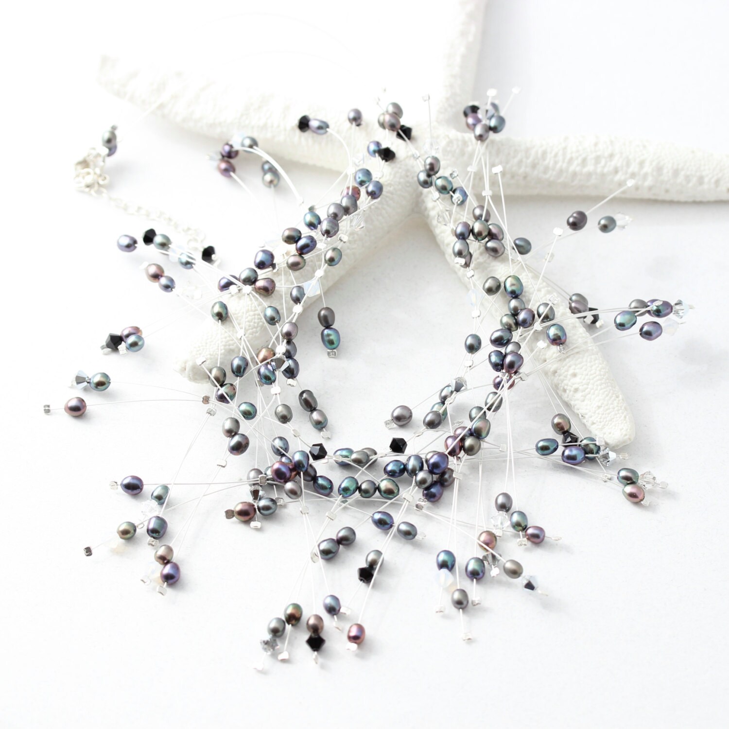 Delicate Layered Pearl Necklace, Black, Pearl Necklace