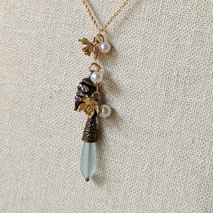 Y Charm Necklace, Charm Necklace Gold Flowers, Freshwater Pearls, Pinecone, Aqua Glass Teardrop, 14K Gold Fill Rolo Chain Adjustable Length