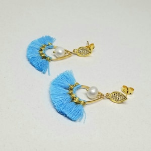 Blue Tassel and Pearl Earrings, 18K Gold Vermeil and Tassel Earrings, Aqua Silk Tassel Boho Earrings, Fan Shaped, Tassel Drop Earrings