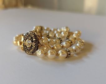 Vintage Style Multi-Strand Pearl Statement Bracelet, Miriam Haskel Style, Average to Large Size Wrist, Box Clasp Bracelet, 8 Inch Bracelet