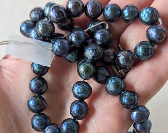 Rare Faceted Freshwater Pearls, Dark Blue Faceted Pearls, 8 mm Pearls, Full Strand 16 Inch, Unique Pearls, Dark Blue with Rainbow Flash