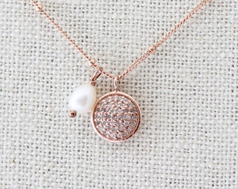 Delicate Diamond Pave Necklace, Rose Gold, Diamond Pave Necklace, Genuine Diamond Pave Disc, Rose Gold Necklace, Small Disc Pendant