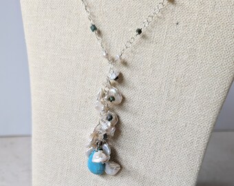 Pearl Gemstone Cascade Necklace Earrings Set, Natural Pearl and Turquoise Jewelry Set, Keshi Freshwater Pearls, Sterling Silver Adjustable