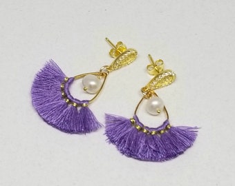 Purple Tassel and Pearl Earrings, 18K Vermeil Tassel Earrings, Purple Silk Tassel Boho Earrings, Fan Shaped, Tassel Drop Earrings, Sterling