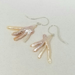 Freeform Stick Freshwater Pearl Earrings, Natural Blush Fan Shape Pearl Earrings, Dangle Blush Pink Earrings, Sterling Short Dangle Earrings