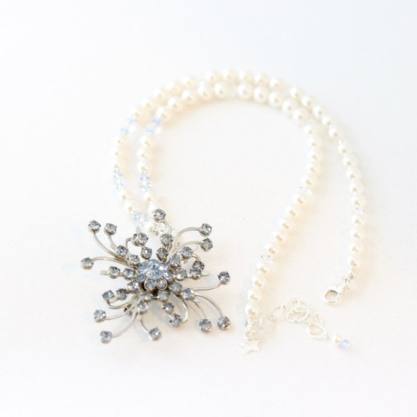 Crystal Brooch Pearl Bridal Necklace Blue Bridal Necklace image 1