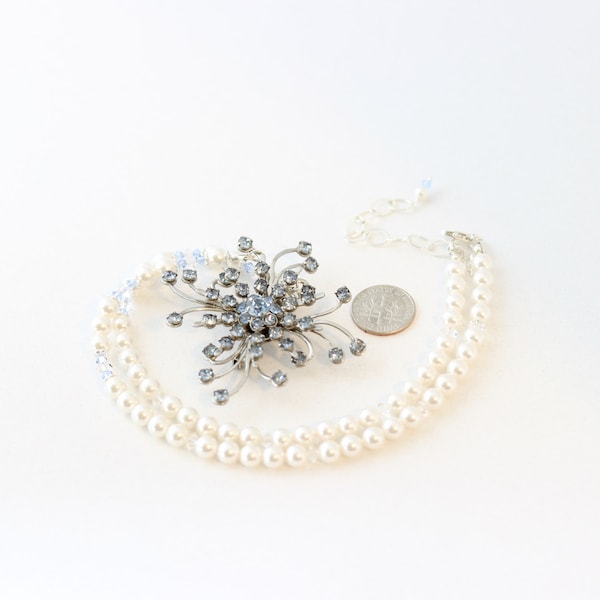 Crystal Brooch Pearl Bridal Necklace Blue Bridal Necklace image 3