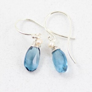 Pearl Wrap Faceted London Blue Topaz Drop Earrings, Blue, Topaz Drop Earrings, Sterling, Silver, Noelle, Blue Ice, Pearl & Gemstone Jewelry
