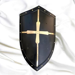 Bouclier de croisé médiéval - Armure de chevalier templier noir et or - Décoration murale faite main et accessoire de costume de GN | Cadeau parfait |