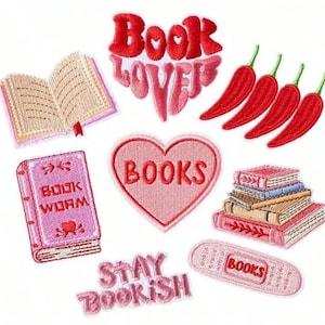 May include: A collection of embroidered patches with book-themed designs. Includes an open book, a stack of books, a heart with the word "BOOKS", and the phrases "Book Lover" and "Stay Bookish". Also features red chili pepper patches.
