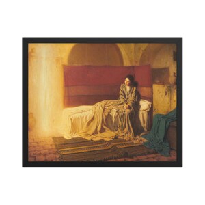 May include: Framed art print of a painting showing a person seated on a bed. The room features a red headboard, a bed with tan bedding, and a green blanket. A bright light emanates from the left side of the image.