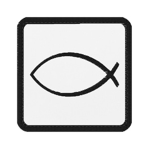 May include: A square embroidered patch featuring a white background with a thick black border. Centered on the patch is a black outline of a fish symbol, commonly known as an ichthys, rendered in a clean, minimalist line art style.