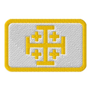 May include: A rectangular embroidered patch featuring a white background with a yellow border. Centred on the patch is a yellow Jerusalem cross, which consists of a large central cross accompanied by four smaller crosses in each of the four quadrants.