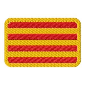 May include: A rectangular embroidered patch featuring a pattern of four horizontal red stripes alternating with five horizontal yellow stripes, all enclosed within a thick yellow border with rounded corners and a visible stitched texture.
