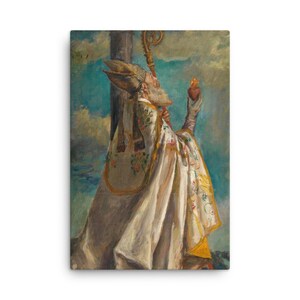 Op de afbeelding: Canvas print van een religieuze figuur in sierlijke witte en gouden gewaden, met een gouden staf en een rood hart. De achtergrond toont een blauwe lucht met wolken. Het kunstwerk is een schilderij.