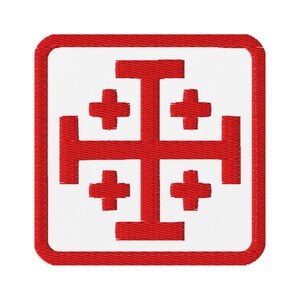 May include: Embroidered patch with a red Jerusalem cross design on a white background, enclosed by a red border. The cross features a large central cross with four smaller crosses. Suitable for application on clothing or accessories.