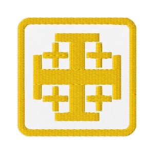 May include: A square embroidered patch featuring a white background with a yellow border. Centered on the patch is a yellow Jerusalem cross design, which consists of a large central cross with four smaller crosses positioned in each quadrant.