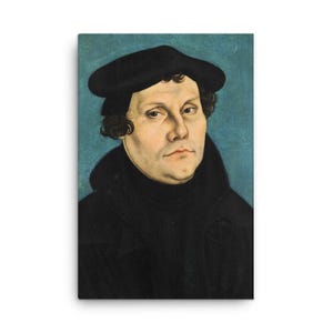 May include: Portrait of a man wearing a black hat and black clothing against a blue background. The artwork is a canvas print, showcasing a historical figure in a classic style.
