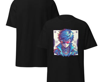 Camiseta de anime ciberpunk para chico, diseño de mecha tecnológico futurista, camiseta de estética manga de ciencia ficción neón, camiseta gráfica urbana otaku genial