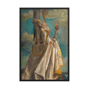 Op de afbeelding: Een ingelijst schilderij toont een religieuze figuur in sierlijke gewaden, met een staf en een gloeiend hart. Het kunstwerk heeft crème-, goud- en blauwtinten, met gedetailleerde penseelstreken en een dramatische lucht. De figuur staat tegen een kruis.