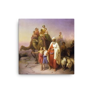 Puede incluir: Impresión en lienzo de una pintura clásica que representa una escena bíblica. Un hombre con túnica roja guía a dos niños, con un camello que transporta varias figuras en el fondo. También hay ovejas y otros animales.