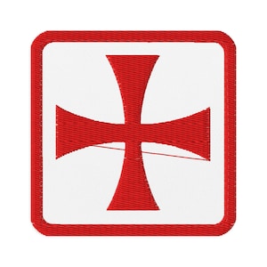 May include: Embroidered patch with a red cross on a white background, enclosed by a red border. The cross has flared arms, and the patch is square.