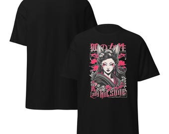 Lady Kitsune T-Shirt, Japanese Fox Spirit Tee, Mystical Yokai Aesthetic Streetwear, Geisha Kitsune Artwork Shirt, Red and Black Fantasy