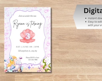 Under the Sea Turning 3/derde verjaardagsuitnodiging, zeemeermin verjaardagsuitnodiging, bewerkbare digitale download