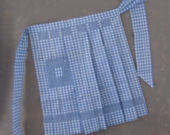 Vintage Gingham Check Apron, cross stitch, embroidered, blue white