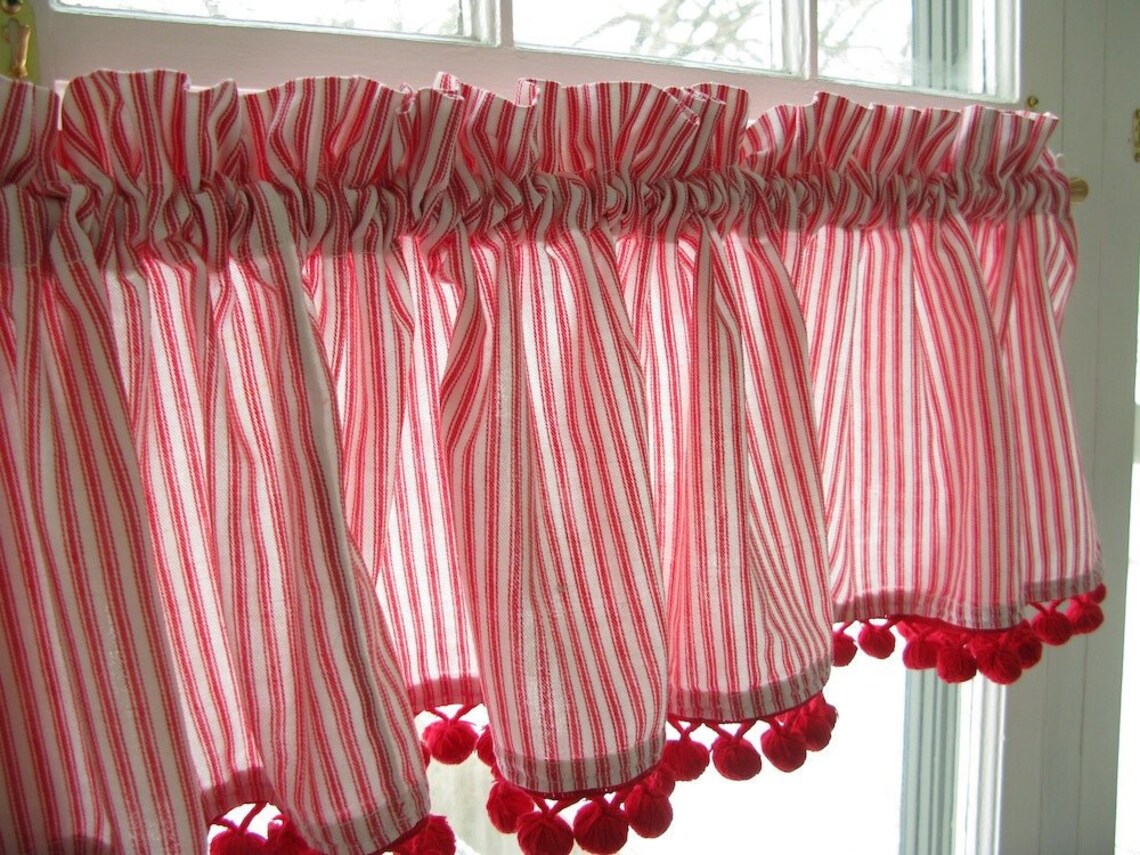 Curtain Valance Red White Ticking Etsy