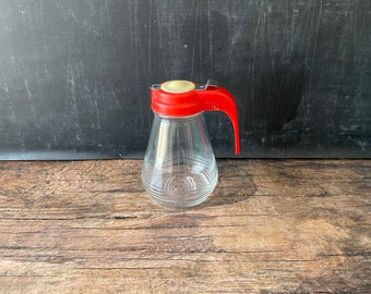 Vintage Syrup Dispenser Pitcher, glass, red plastic, retro kitchen