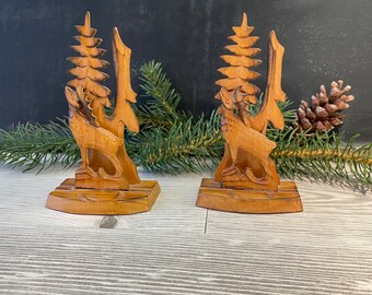 Vintage  Deer figurines, wood carving, set