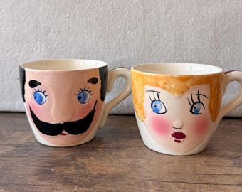 Vintage face mugs, mom pop, handprinted