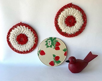 Vintage Hot Pads, Trivets, Crocheted, strawberry, Pro-tex Table Mat, Red White, Set
