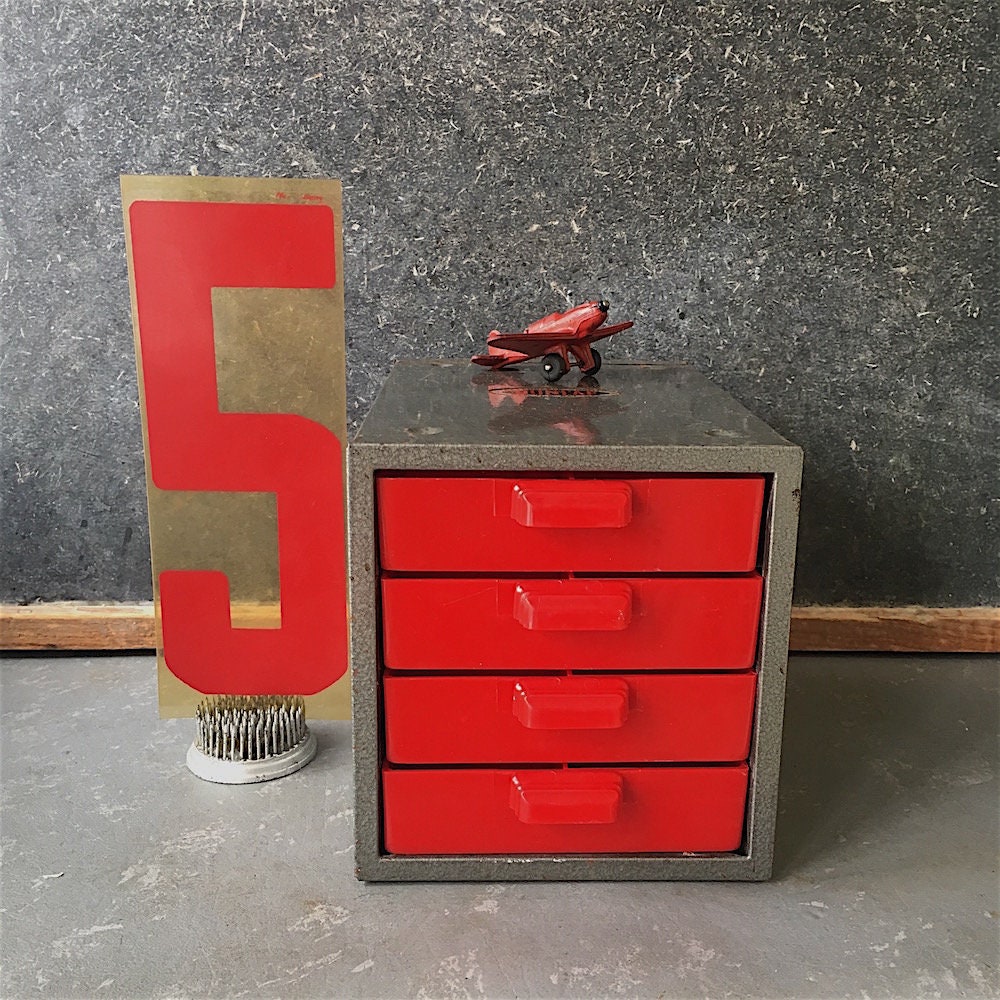 Vintage Metal Parts Drawer Unit Dunlap Plastic Red Parts Etsy