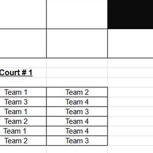 May include: A table displaying a 4 team round robin tournament schedule. The table is divided into four columns, one for each team. The rows represent the matches between the teams. The table also includes columns for matches won/lost, sets won/lost, points won/lost, and the result. A separate table shows the schedule for court #1.