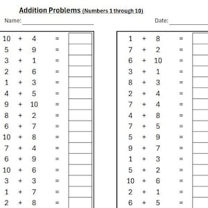 Puede incluir: Una hoja de trabajo imprimible con problemas de suma para los números del 1 al 10. La hoja de trabajo está dividida en dos columnas, cada una con 15 problemas de suma. Los problemas se presentan en un formato simple, con los números y el signo más separados por espacios. Hay líneas en blanco para que los estudiantes escriban sus respuestas.