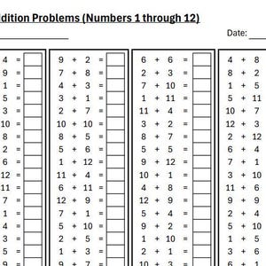 Puede incluir: Una hoja de trabajo en blanco y negro con problemas de suma para los números del 1 al 12. La hoja de trabajo está dividida en tres columnas, cada una con 18 problemas de suma. Los problemas están dispuestos en formato vertical, con los números que se van a sumar a la izquierda del signo igual y el espacio de respuesta a la derecha.