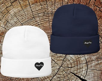 Embroidered Heart Knit Beanie | Cotton-Acrylic Blend, Cuffed Warm Hat