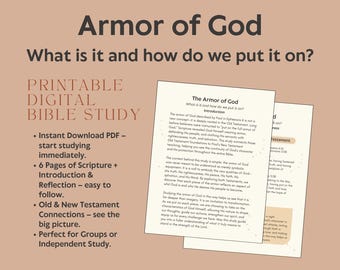 May include: A printable digital Bible study titled "Armor of God." The image features two pages of study notes with the title and introduction text. The study includes 6 pages of scripture, introduction, and reflection. The study is designed for groups or independent study.