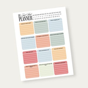 Op de afbeelding: Een wit plannerblad met de tekst "Just Start Planner" en een kalenderraster. Het bevat kleurrijke vakken met vragen als "Wat wil ik beginnen?" en "Wat houdt me tegen?" voor het stellen van doelen en reflectie.