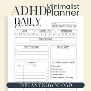 ADHD Daily Planner, Minimalist Focus Template, Organized Productivity (Digital Download)