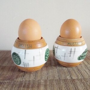 Mid Century Modern Ceramic and Wood Atomic Style Orb Condiment (Egg) Cups