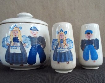 Vintage Handpainted Ceramic Dutch Boy and Girl Canister and Salt and Pepper Set