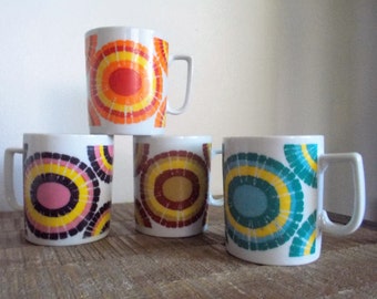 Set of Four MCM Colorful Circle Graphic 1960s Porcelain Mugs