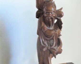 Antique Carved Wood Statue Figure Chinese Shou Longevity God Lamp Base