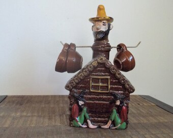 Vintage Kitschy Hillbilly Log Cabin Wild Cat Juice Decanter and Cups