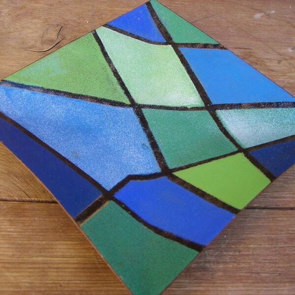 Vintage Enamel Geometric  Design Square Dish