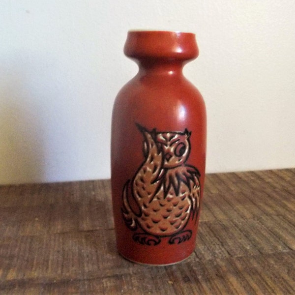 Vintage Enesco Red Orange Owl Bud Vase Saki