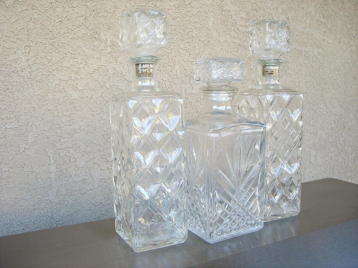 Vintage Cut Glass Liquor Decanter Set of Three Etsy